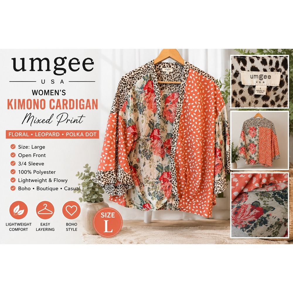 Umgee USA Womens Kimono Cardigan Mixed Print Floral Leopard Polka Dot Large